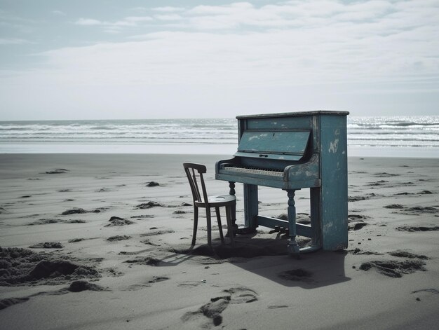 A blue piano sits on the beach with a chair in the sand.