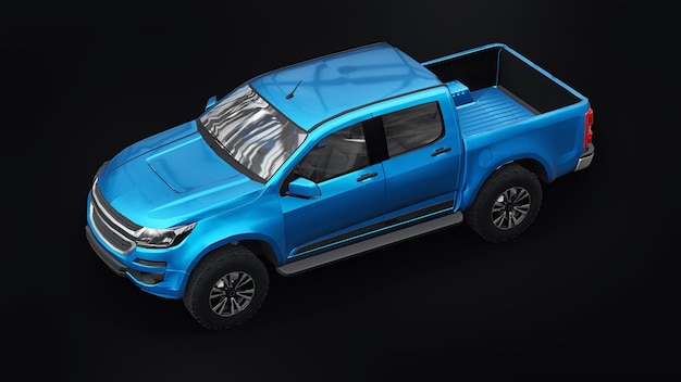 Blue pickup car on a white back ground. 3d rendering.