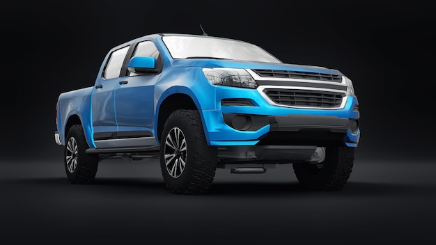 Blue pickup car on a white back ground. 3d rendering.