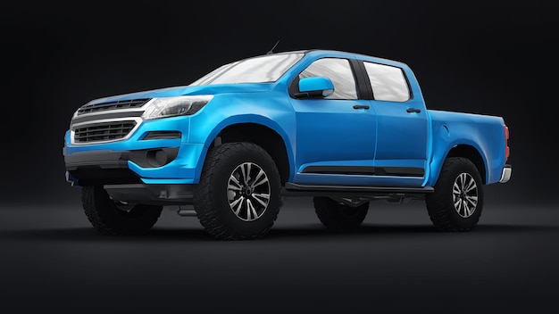 Blue pickup car on a white back ground 3d rendering