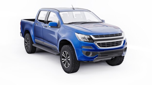 Blue pickup car on a white background. 3d rendering.