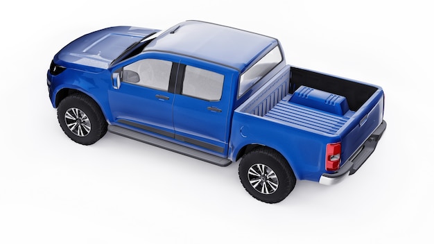 Blue pickup car on a white background. 3d rendering.