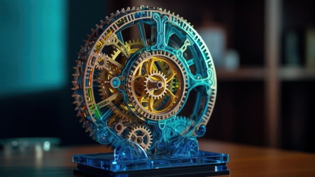 A blue piece of art with a cogwheel made of metal.