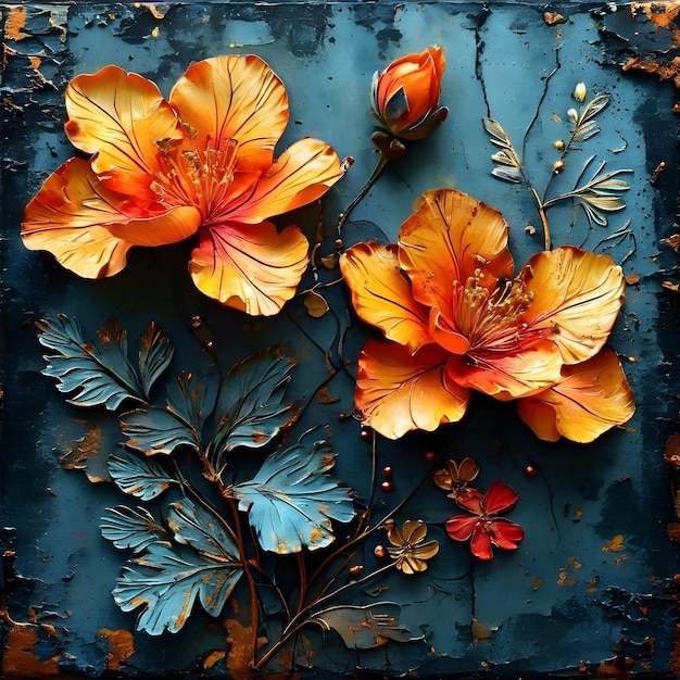 a blue piece of paper with orange flowers on it