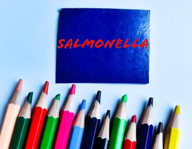 A blue piece of paper with the word salmon on it