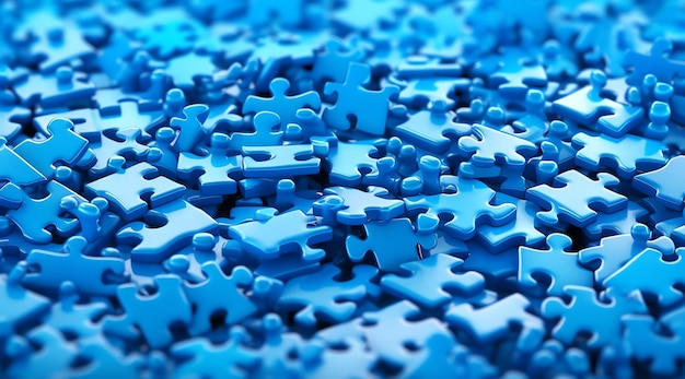 A blue piece of puzzle is scattered on a table.