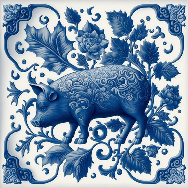 A blue pig with flowers on it
