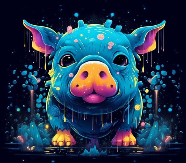 A blue pig with yellow eyes and pink nose standing in front of bubbles generative ai