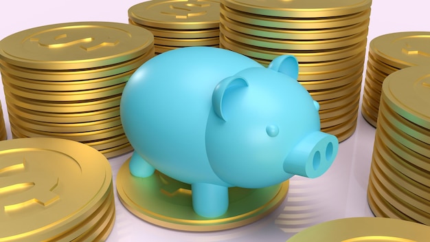 Синяя копилка и золотые монеты для экономии или бизнес-концепции 3d-рендеринга