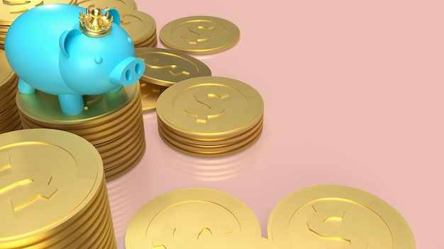 The blue piggy bank and gold crown on coins  for saving or business concept  3d rendering