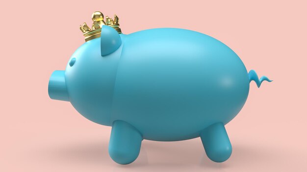 The blue piggy bank and gold crown for saving or business concept  3d rendering