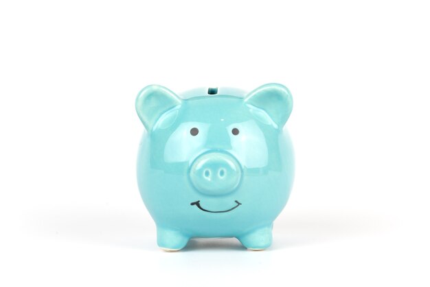 Blue piggy bank isolated white background for saving money business concept
