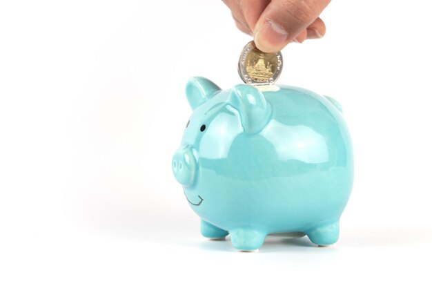 Blue piggy bank isolated white background for saving money business concept