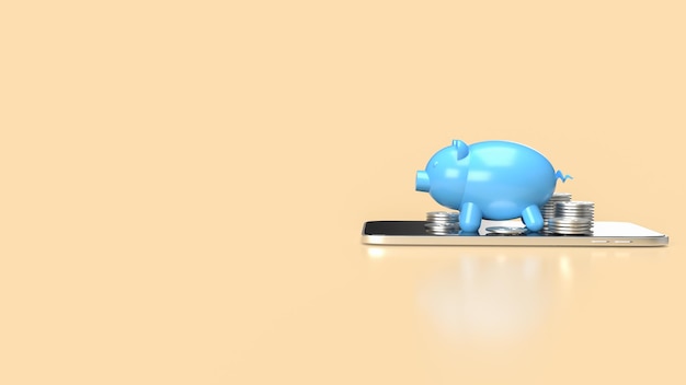 The blue piggy bank on mobile phone for applications or internet banking concept 3d rendering