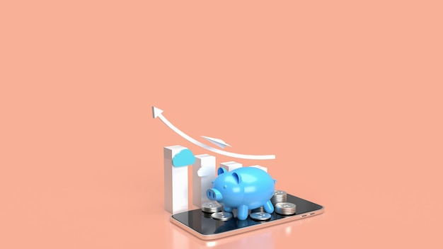 Синяя копилка на мобильном телефоне и бизнес-диаграмма для приложений или концепции интернет-банкинга 3d-рендеринга