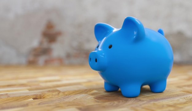 blue Piggy bank old with brick wall, copyspace for your individual text.