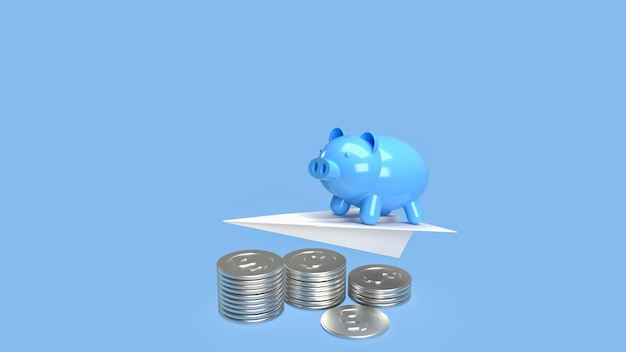 The blue piggy bank on paper plane and coins for earn or save concept 3d rendering