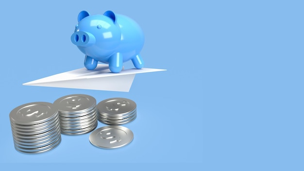 The blue piggy bank on paper plane and coins for earn or save concept 3d rendering