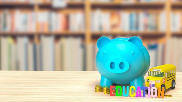 The blue piggy bank and school bus image for saving to education 3d rendering