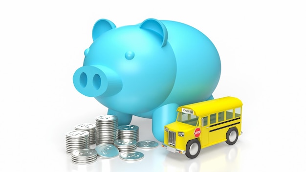 The Blue Piggy bank and School Bus on white Background 3d rendering