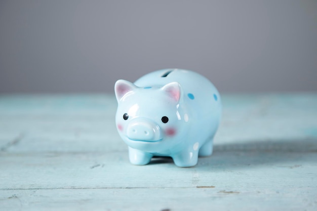 Blue piggy bank on the table