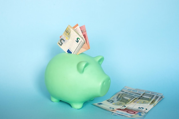 Blue piggy bank with 10 and 5 euro notes