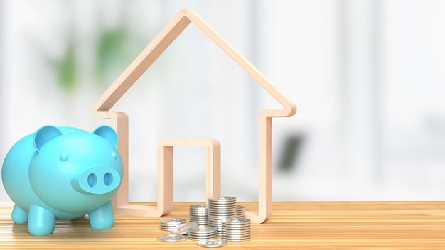 The Blue piggy bank and wood home icon 3d rendering