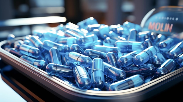 Blue pill in a plastic container healthcare industry prescription