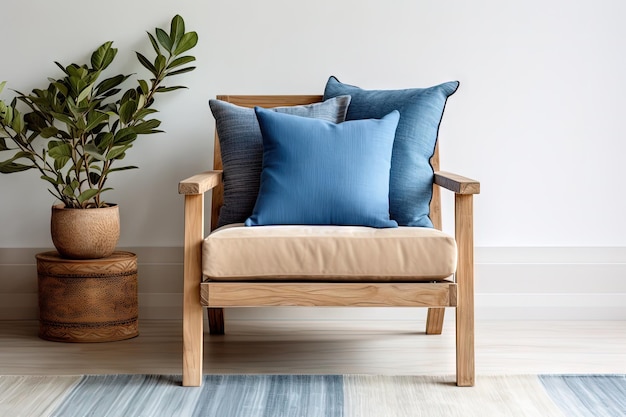 木製の椅子の隣の敷き布団のリビングの床の青い枕
