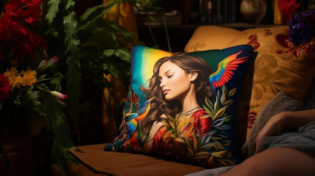 Blue Pillow With Picture of Woman