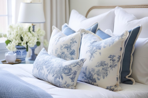 Blue pillows on bed French country interior design