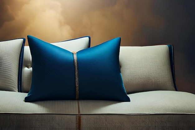 Photo blue pillows on a white couch with a golden background.