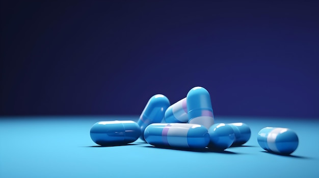 Blue pills on a blue background with the word pill on the bottom.