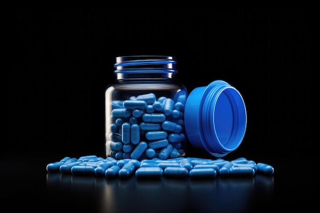 Blue pills with bottle on black background Medicine pills digital ai