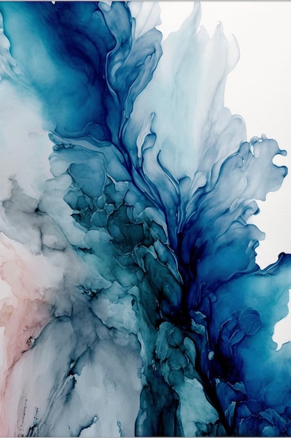 A blue and pink abstract painting with a white background.