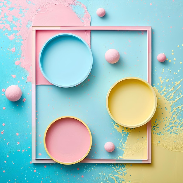 A blue and pink background with bowls and paint splatters on it and a pink and yellow frame