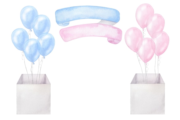 Blue pink balloons box twins boy girl watercolor illustration isolated gender party baby shower