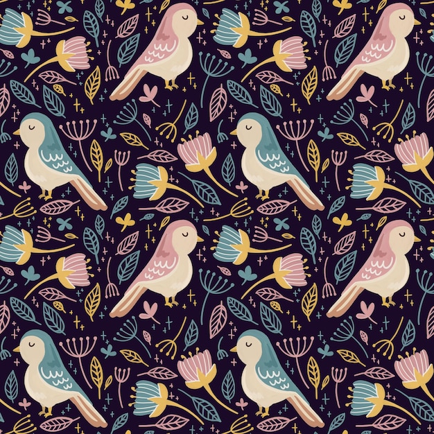 Blue and pink  Birds with flowers and leaves on dark blue background seamless pattern