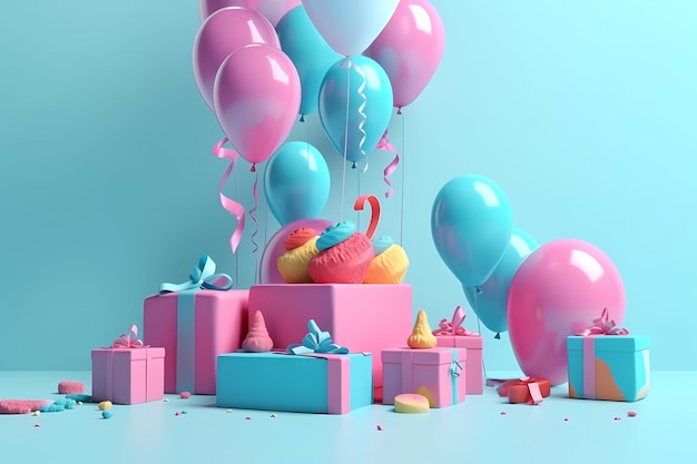 A blue and pink birthday party with balloons and a pink and blue box with a candy on it.