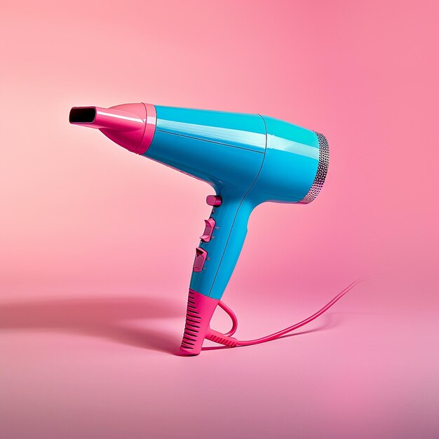 a blue and pink blow dryer with a pink background