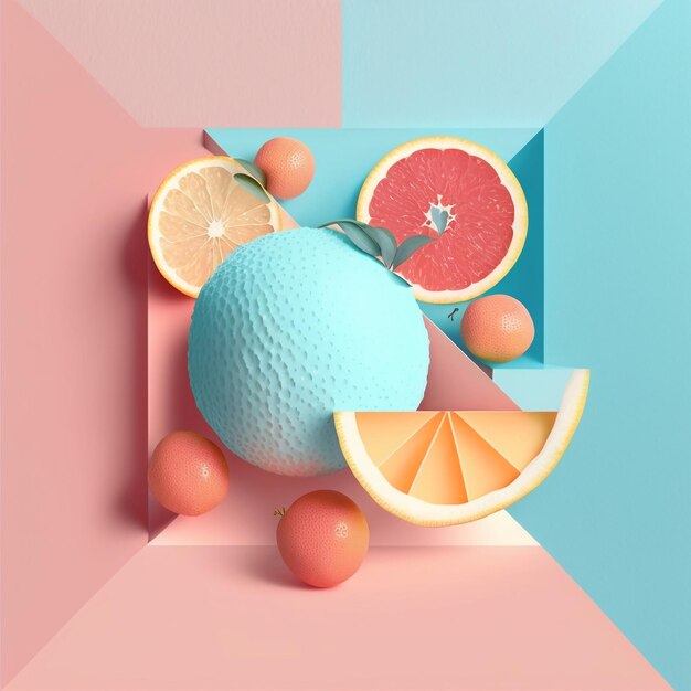 A blue and pink box with fruit and oranges.