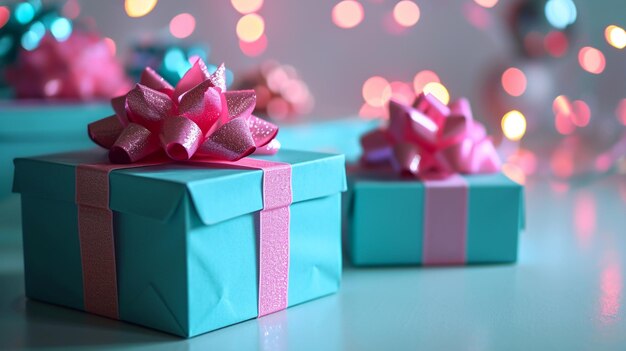 Photo blue and pink boxes with pink bow selective focus generative ai