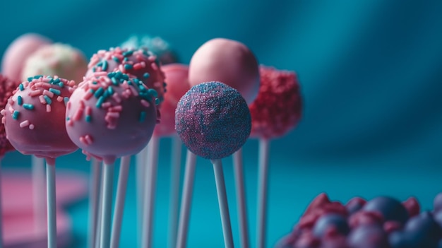 A blue and pink cake pops with sprinkles on top