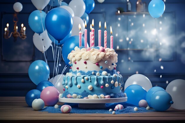 Blue and pink cake with candles surrounded by white balloons