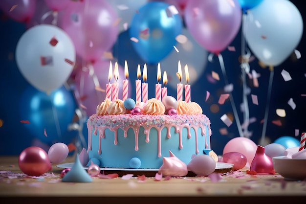 blue and pink cake with candles surrounded by white balloons