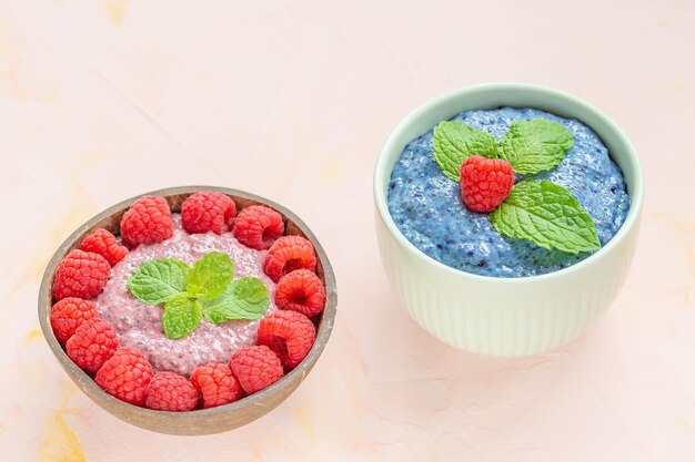 Blue and pink chia seed pudding and raspberries