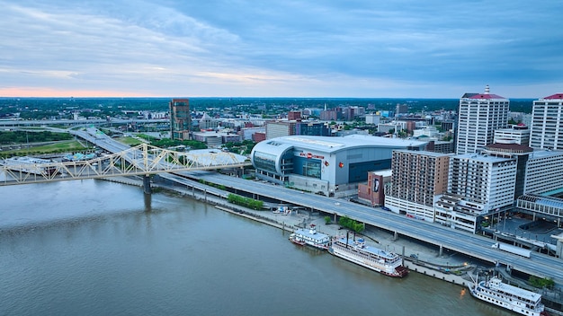 Blue and pink clouds over Louisville KY city aerial