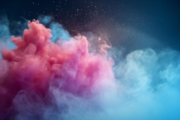 Blue and pink colorful clouds of smoke and shiny glitter powder particles bursts background