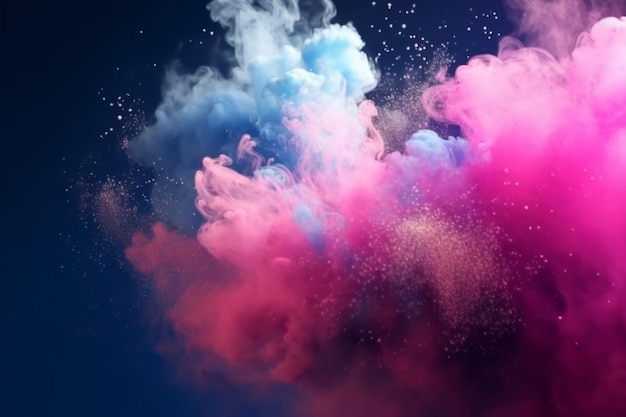 Blue and pink colorful clouds of smoke and shiny glitter powder particles bursts background