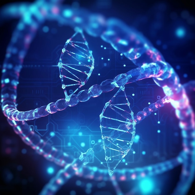 A blue and pink dna strand with a blue background.